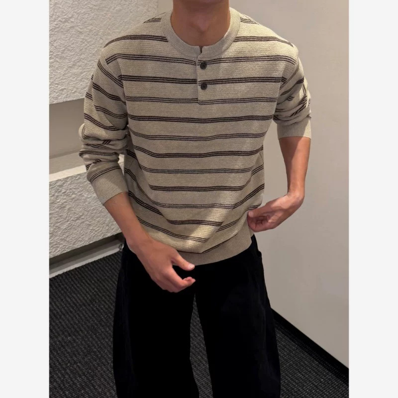 早秋亨利领条纹宽松长袖针织毛衣