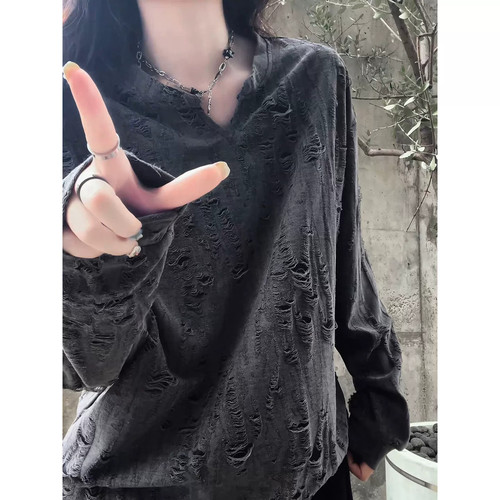 宽松薄款破洞透气V领长袖T恤男款