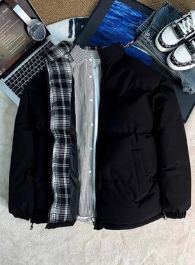 cleanfit黑色格子拼接夹克棉服男款冬季立领面包服高级感棉衣外套