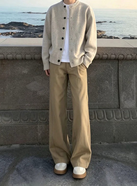 卡其色直筒牛仔裤男款美式微喇裤