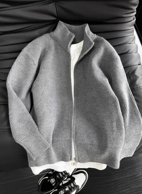 深灰色半高领开衫毛衣男款春秋叠穿内搭打底衫外套cleanfit针织衫