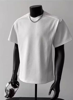 高质感韩系潮牌个性简约大码短袖T恤男士圆领拼接百搭纯色上衣服