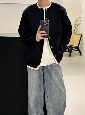 黑色假两件开衫毛衣男款秋季美式黑白撞色针织衫韩系慵懒休闲外套