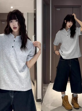 boxy亨利领短袖t恤男美式复古解构高级感夏季正肩显瘦半袖polo衫