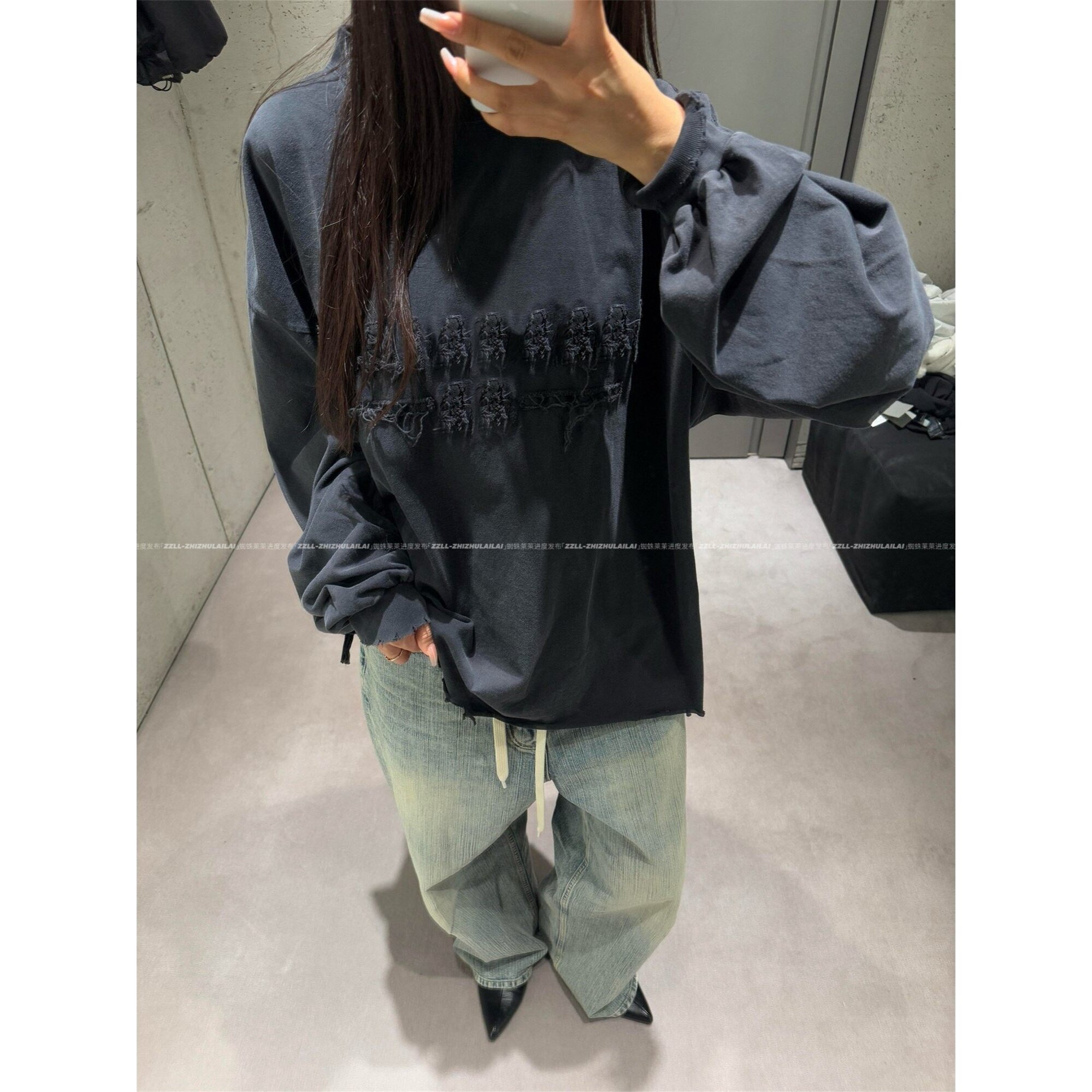 「下摆卷边拉毛」vanailusion 横线刺绣水洗黑长袖男女T恤情侣潮