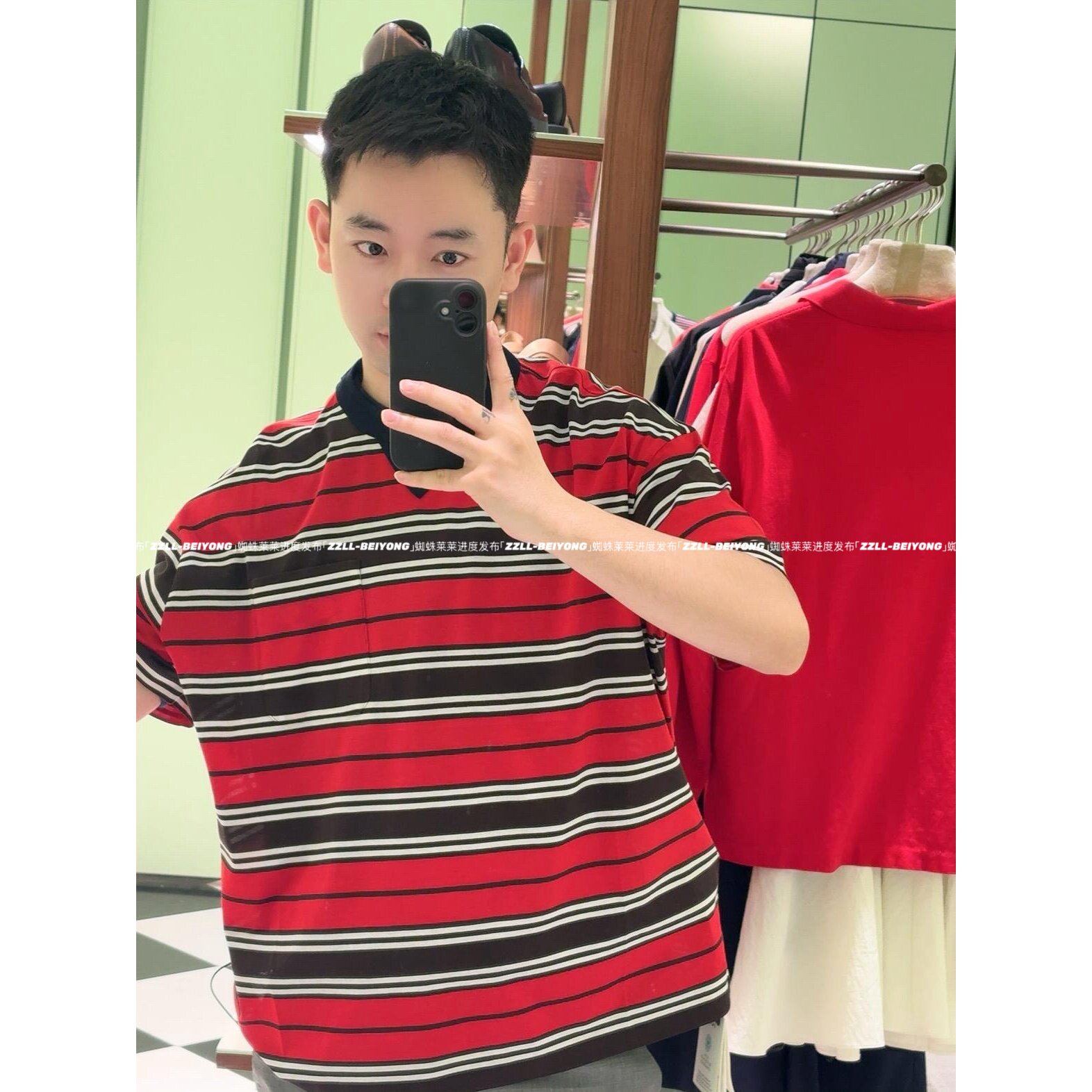 affixow 黄色红色条纹圆领倒三角螺纹口袋短袖男女T恤情侣款潮