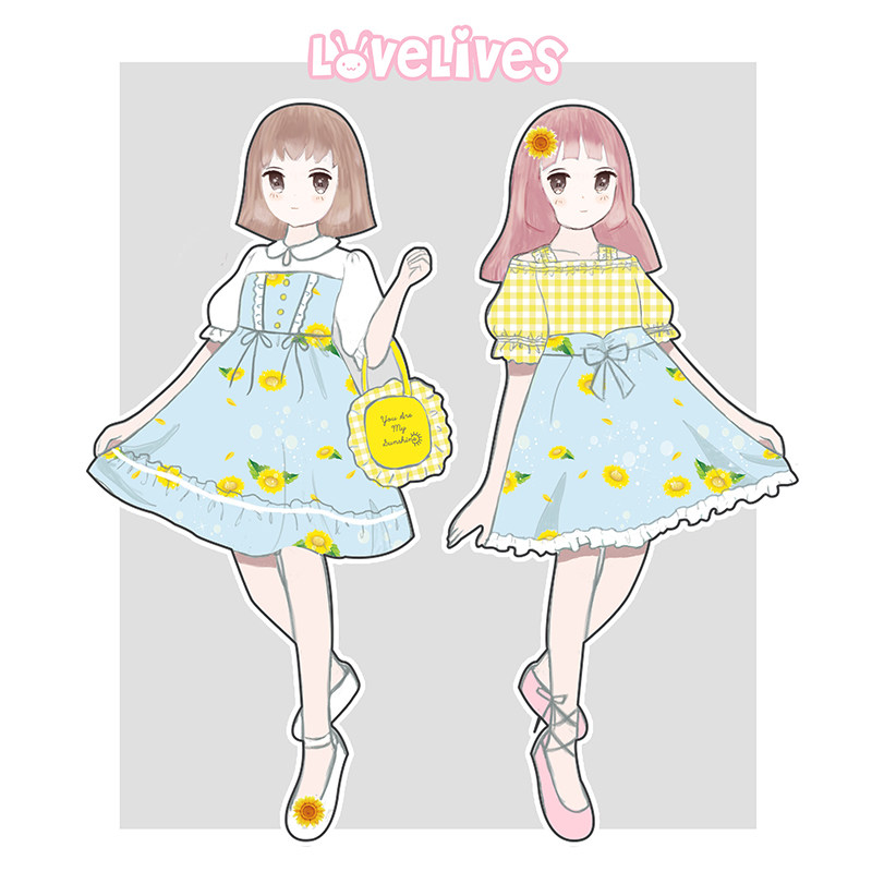 lovelives原创-森女软妹向日葵印花姐妹连衣短裙格子露肩闺蜜套装