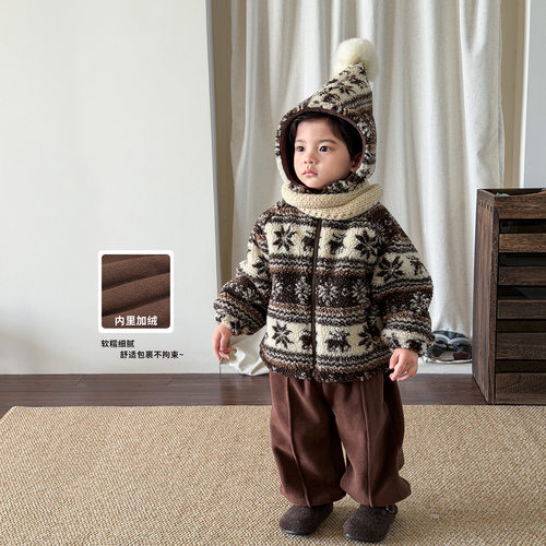 茵可童装男童套装2025新款冬装加绒加厚费尔岛儿童羊羔毛外套衣服