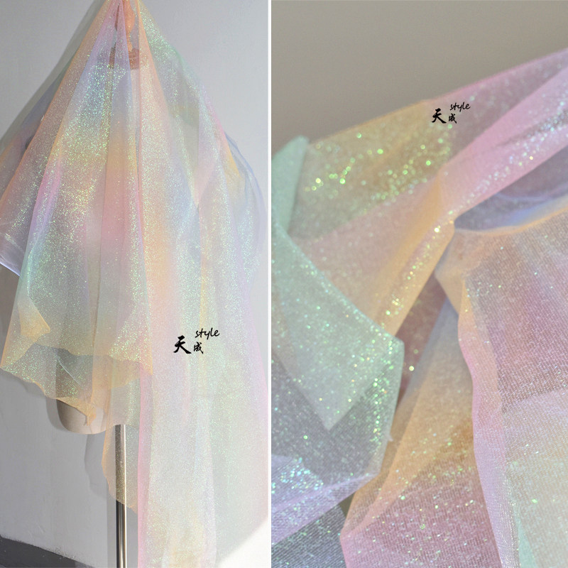 彩虹色七彩幻彩渐变色烫金闪光珠片亮片硬纱网纱拍照婚庆装饰布料