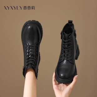 粗跟中跟短靴女靴加绒侧拉链马丁靴 新款 香香莉32506女鞋 2025冬季