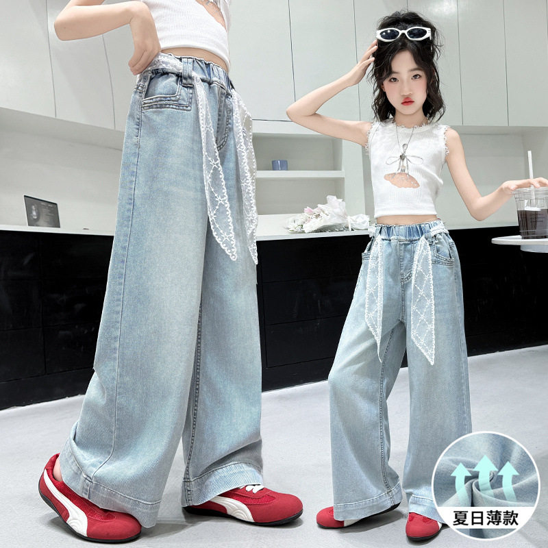 2025夏季新款女童天丝牛仔裤薄款中大童女孩蕾丝腰带阔腿裤直筒裤