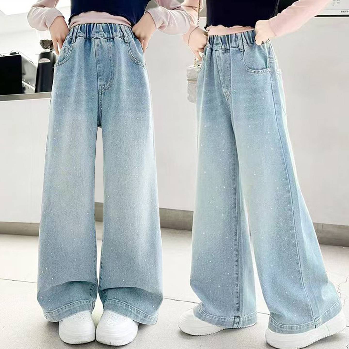 女童牛仔裤春秋款2026新款韩版洋气儿童裤子女大童宽松直筒阔腿裤