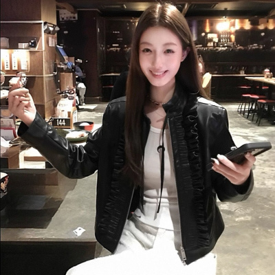 木耳边短款皮衣立领美式夹克