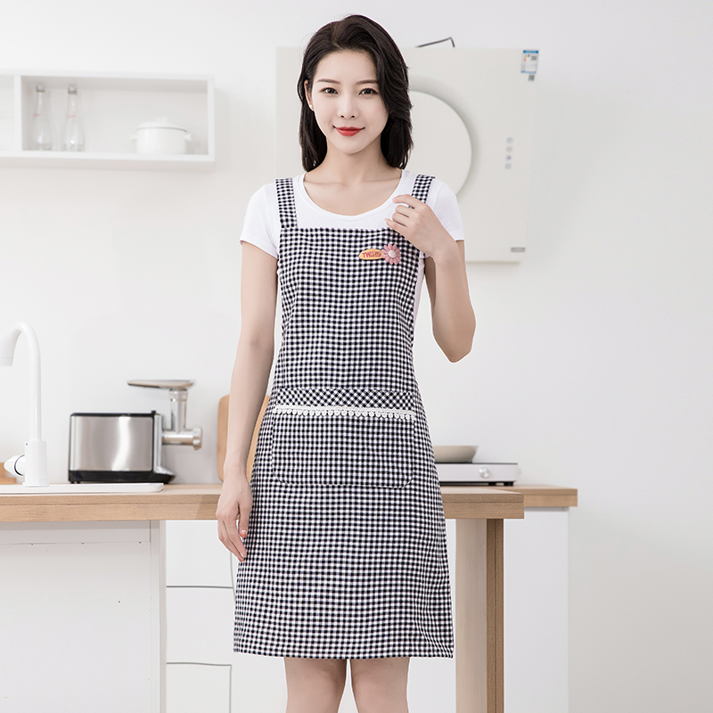 彩棉背带格子围裙女厨房家用夏季透气防污时尚上班可爱洋气工作服