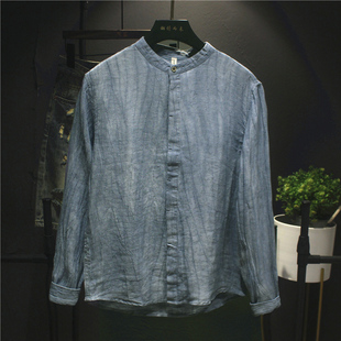 春秋季立领休闲长袖亚麻衬衫男士浅蓝简约百搭青年舒适全麻衬衣服