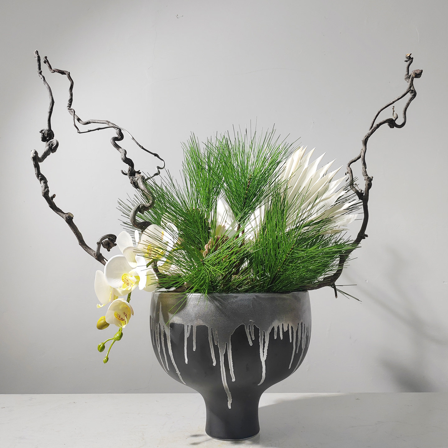 仿真松针蝴蝶兰花卉盆景摆件家居装饰品绿植盆栽现代仿真植物盆景