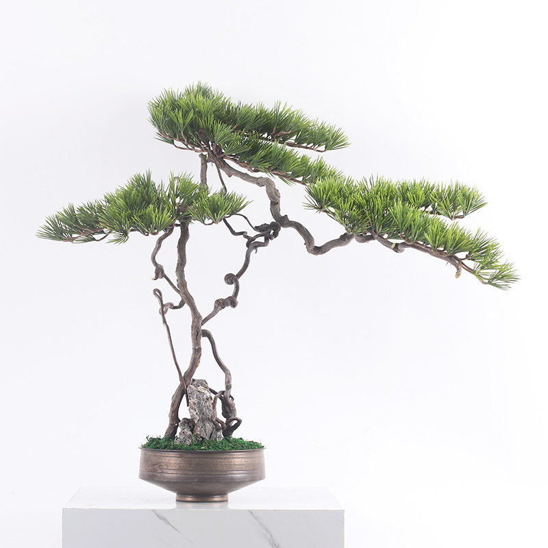新中式仿真松针植物盆景龙须根家居软装客厅酒店禅意金属陶瓷摆件