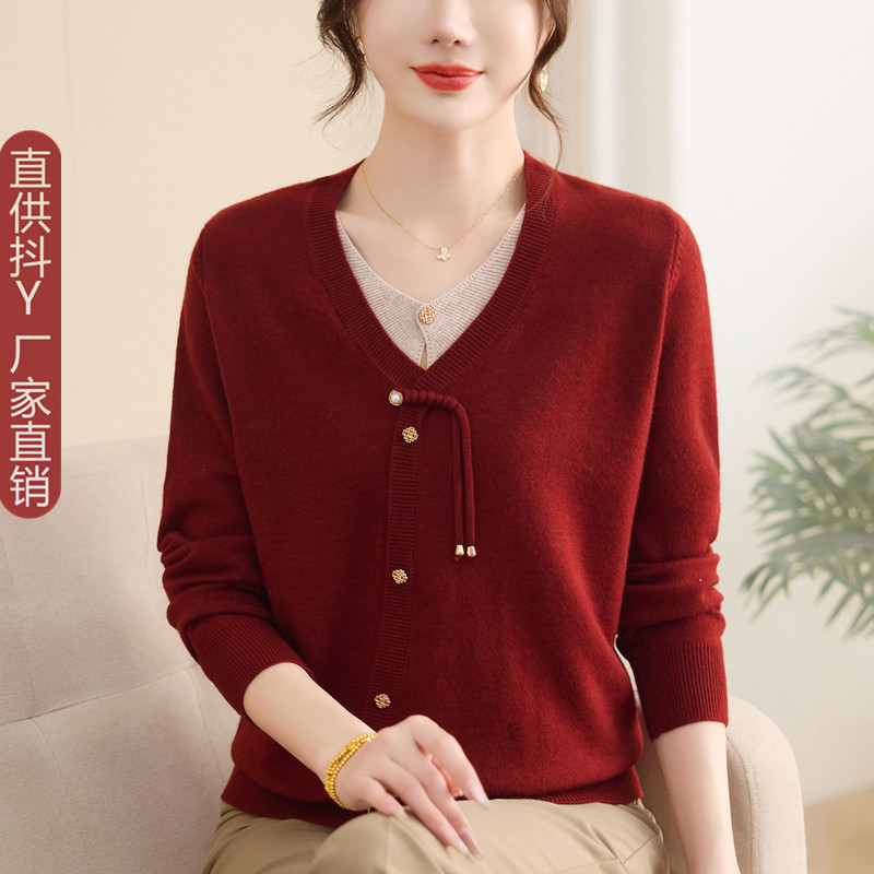 2025新款假两件上衣新中式针织衫