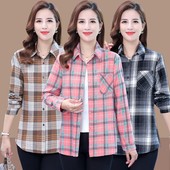 格子衬衫 大码 中年人洋气翻领外套妈妈纯棉衬衣 中老年女装 春秋新款