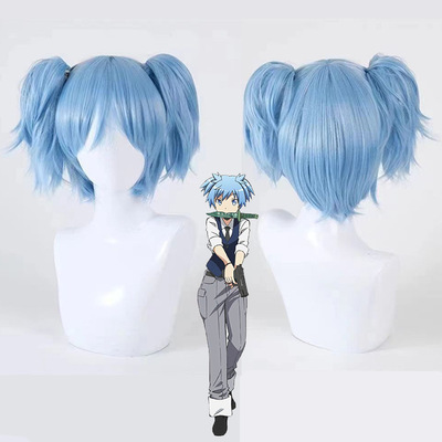 暗杀教室潮田渚COS假发浅蓝色短发虎口夹双马尾可拆卸款式cosplay