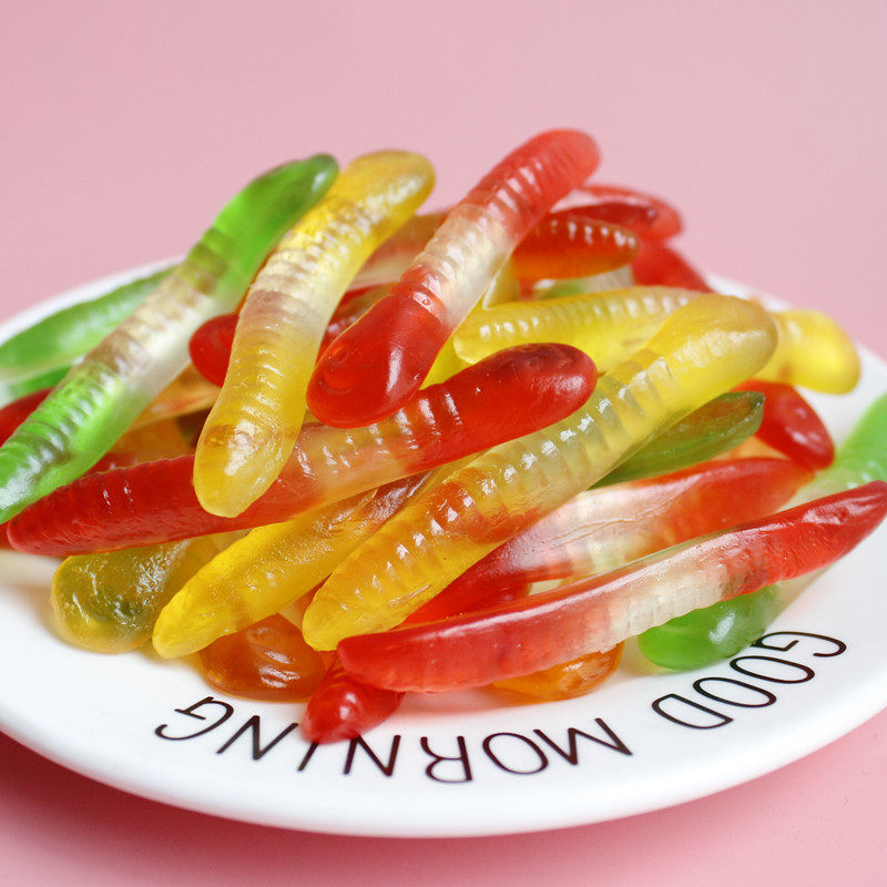 彩色蚯蚓橡皮糖五彩虫qq糖蛋糕装饰糖果搞怪软糖休闲小零食 500克