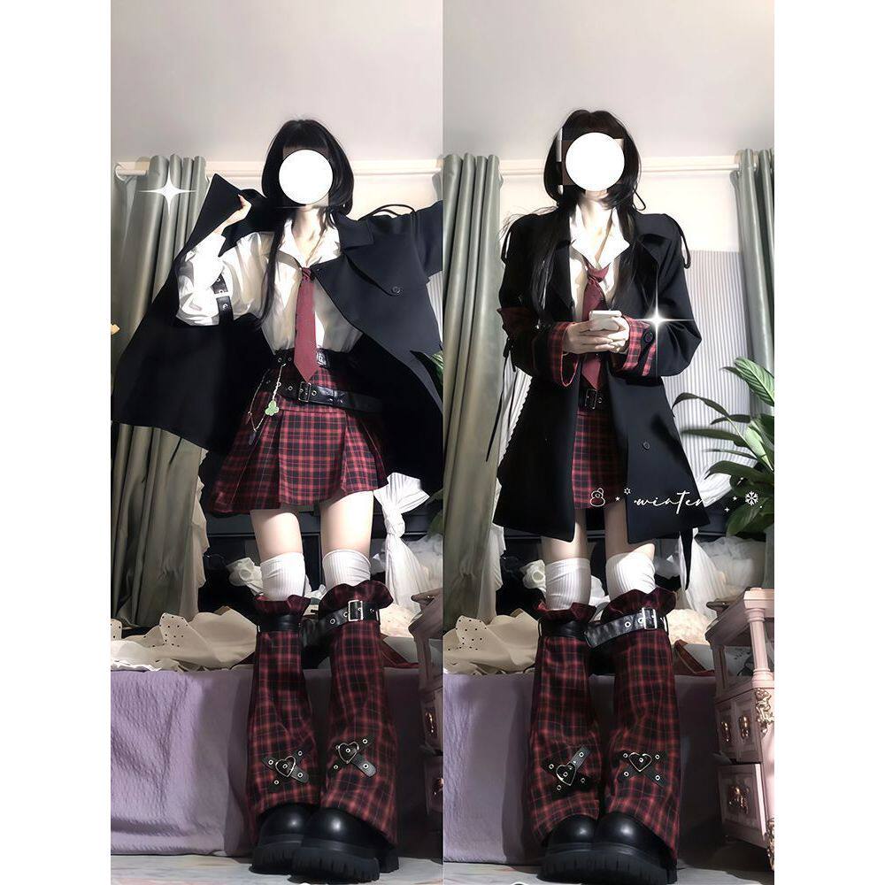 守护甜心 日系学院风显瘦百搭衬衫+红格裙+风衣外套三件新款