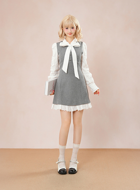 布蕾慕斯 高智感千金感法式收腰A字裙秋灰色通勤假两件长袖连衣裙