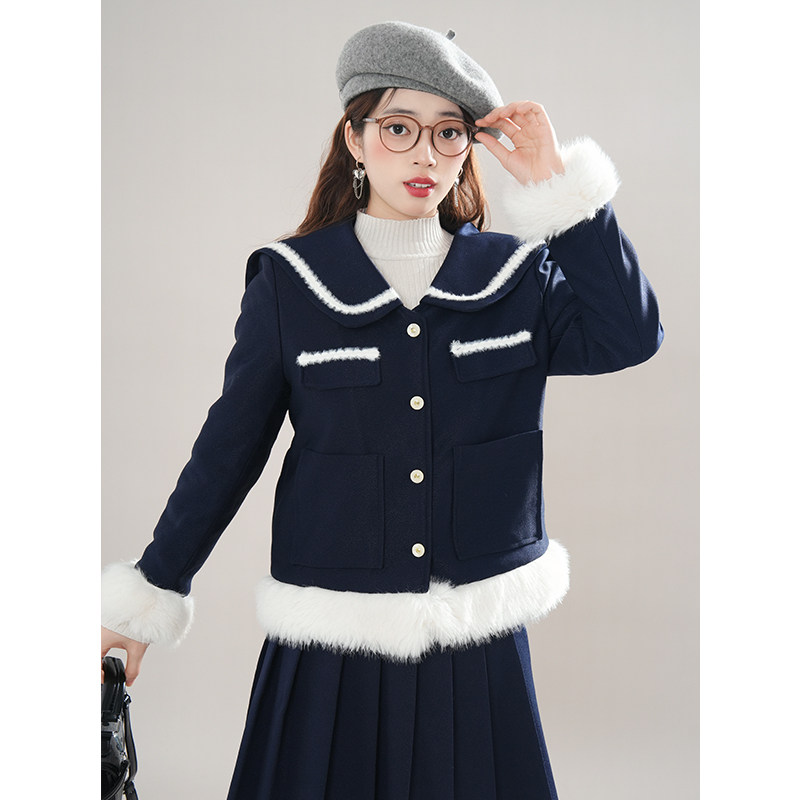 秋冬2024新品千金财阀加厚藏青小香风夹棉外套女韩版毛呢套装裙,女装/女士精品,时尚套装,淘宝优惠券,粉丝福利购,淘宝优惠卷