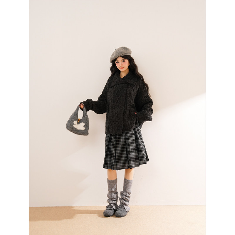 糯感沉灰 复古简约碳灰色针织上衣开衫+格纹半身裙套装两件套冬