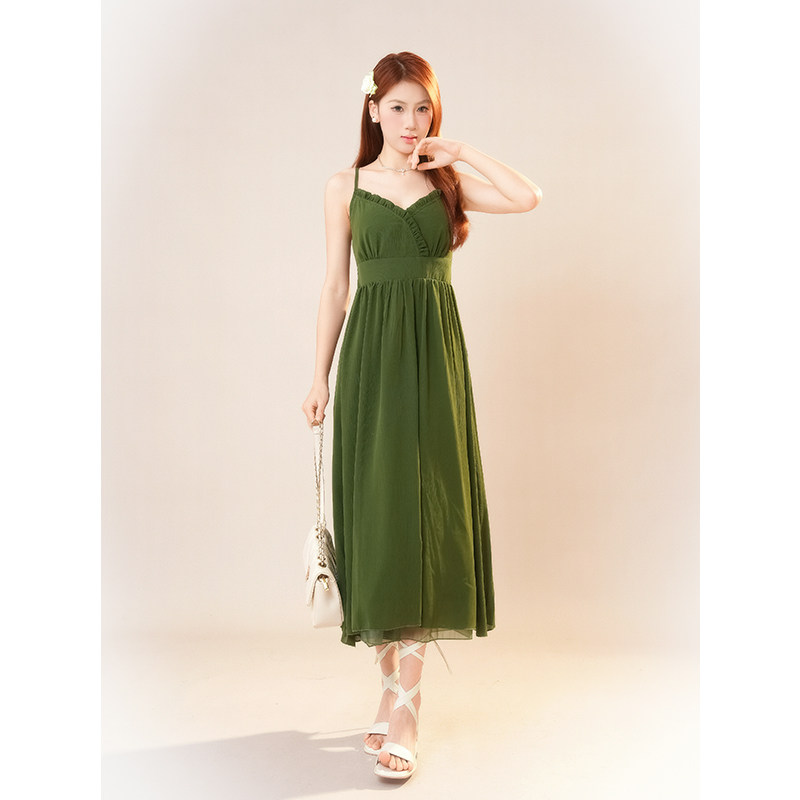 古着vintage复古绿色高腰吊带连衣裙气质小众收腰显瘦设计感裙子