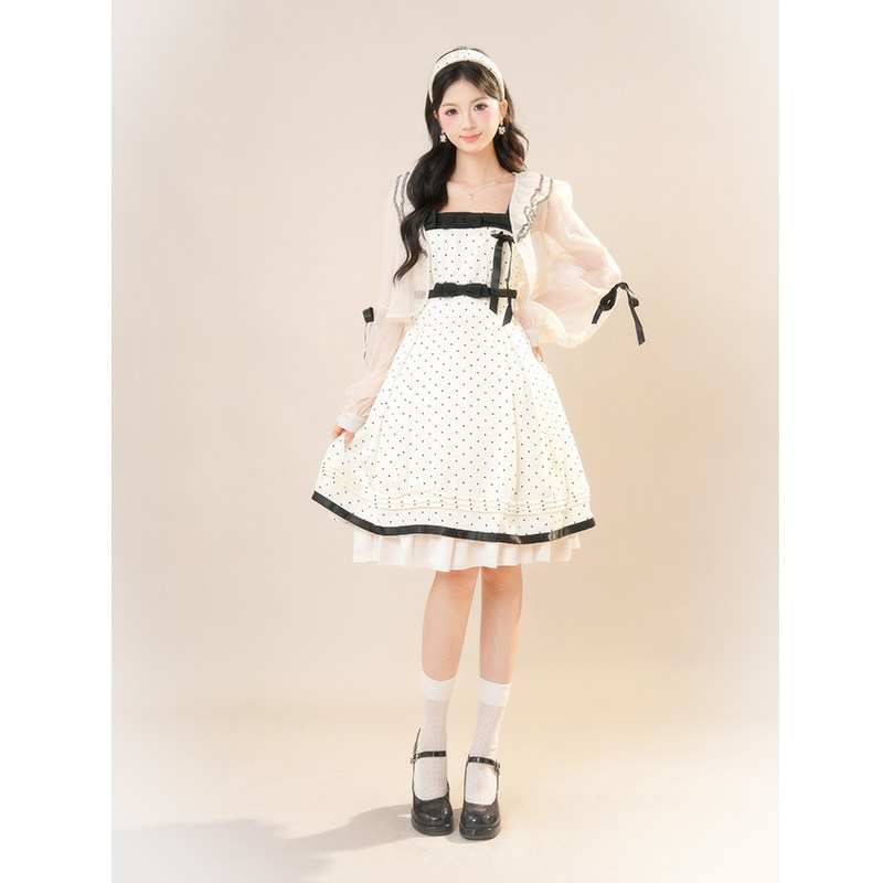 2025春季新款小个子甜美收腰显瘦白色波点Lolita连衣裙+开衫套装,女装/女士精品,时尚套装,淘宝优惠券,粉丝福利购,淘宝优惠卷