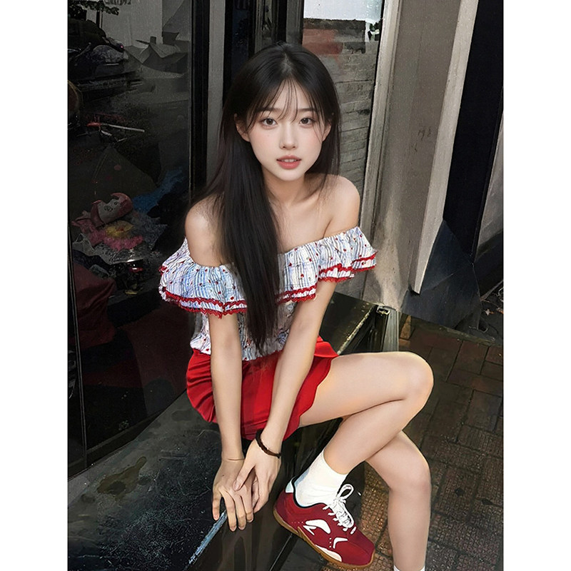 芭比cursh少女感风琴褶一字肩上衣+红色高腰半身裙甜妹套装