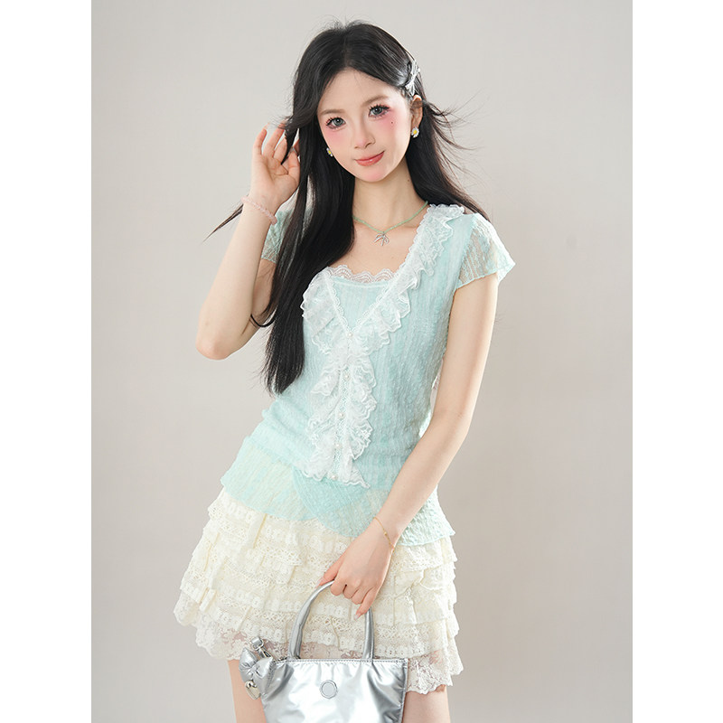 芭蕾舞 古早千金优雅蕾丝短裙收腰显瘦夏装新款设计薄荷上衣套装,女装/女士精品,时尚套装,淘宝优惠券,粉丝福利购,淘宝优惠卷