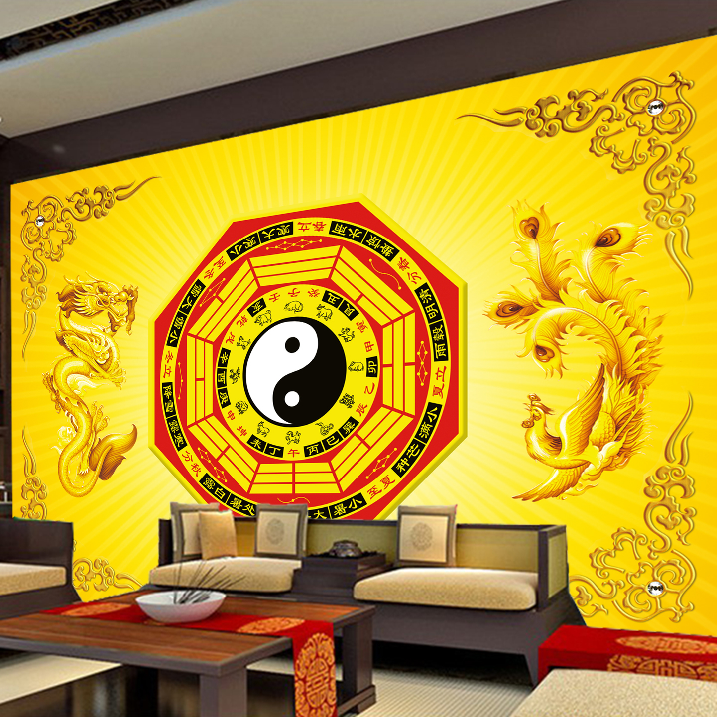 太极八卦龙凤浮雕背景墙纸天干地支图龙凤呈祥壁画佛道堂仙台壁纸图片