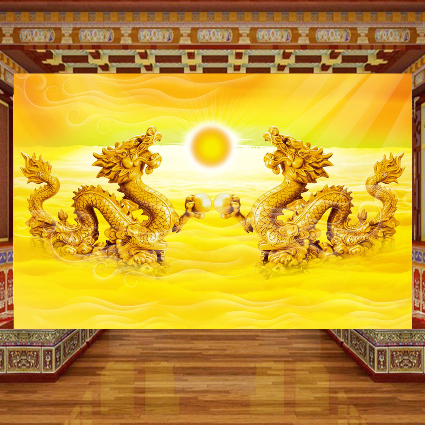 佛堂龙纹浮雕壁画金色太阳祥云双龙戏珠背景墙纸佛道仙家壁纸壁布