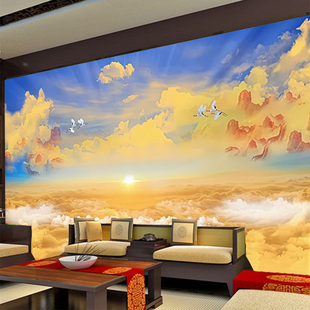 佛堂日出云海仙鹤壁画佛道仙堂祥云神台壁纸禅房寺庙背景墙纸墙布