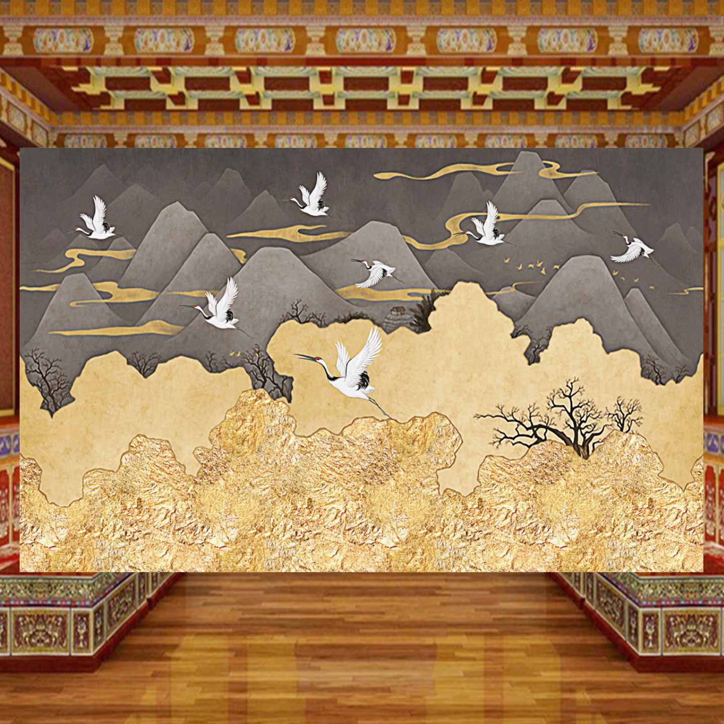 中式复古祥云仙鹤壁画金箔祥云高山云雾佛道仙堂背景墙纸道家壁纸