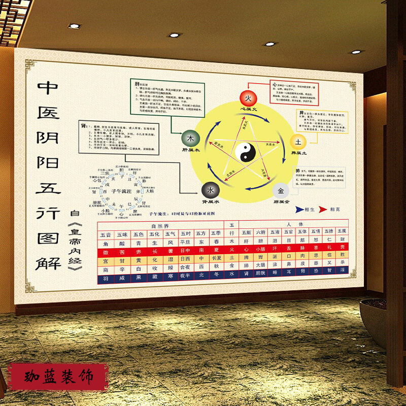 中医五行图解壁画人体经络墙纸中医养生馆诊所子午流注定制壁纸