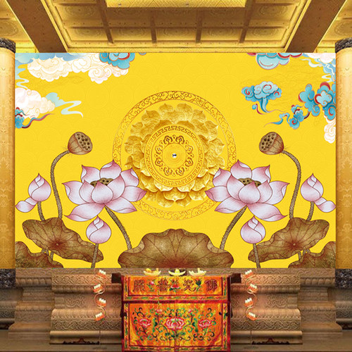 佛堂壁纸祥云莲花神台供桌背景墙