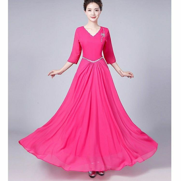 新款中老年大合唱演出服女主持成人气质修身年会晚礼服合唱服长裙