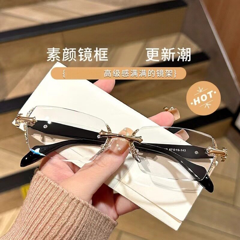 网红老钱风无框切边防蓝光眼镜