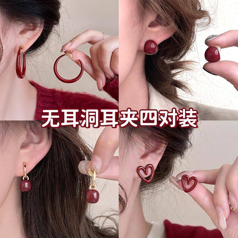 安可拉红色大素圈无耳洞耳夹女士2025新款耳环轻奢高级感小众耳饰