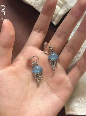 小清新蓝色水母流苏耳夹韩系个性小众精致高级感耳夹女2025新款