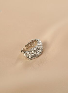 花迹珍珠戒指女小众设计高级感复古食指戒时尚个性开口可调节指环