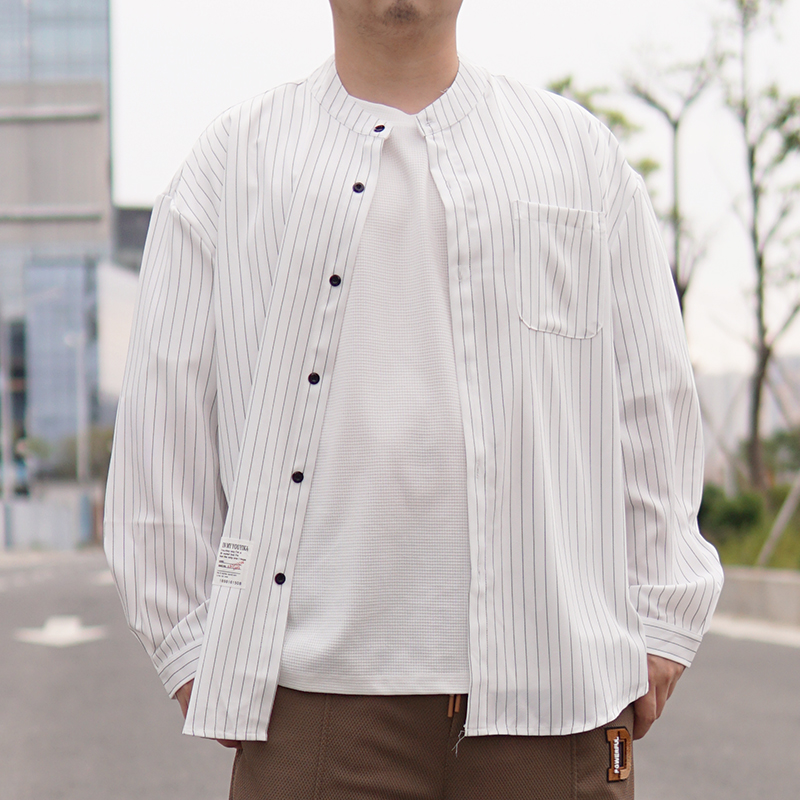 春季长袖衬衫加大宽松无领超透气