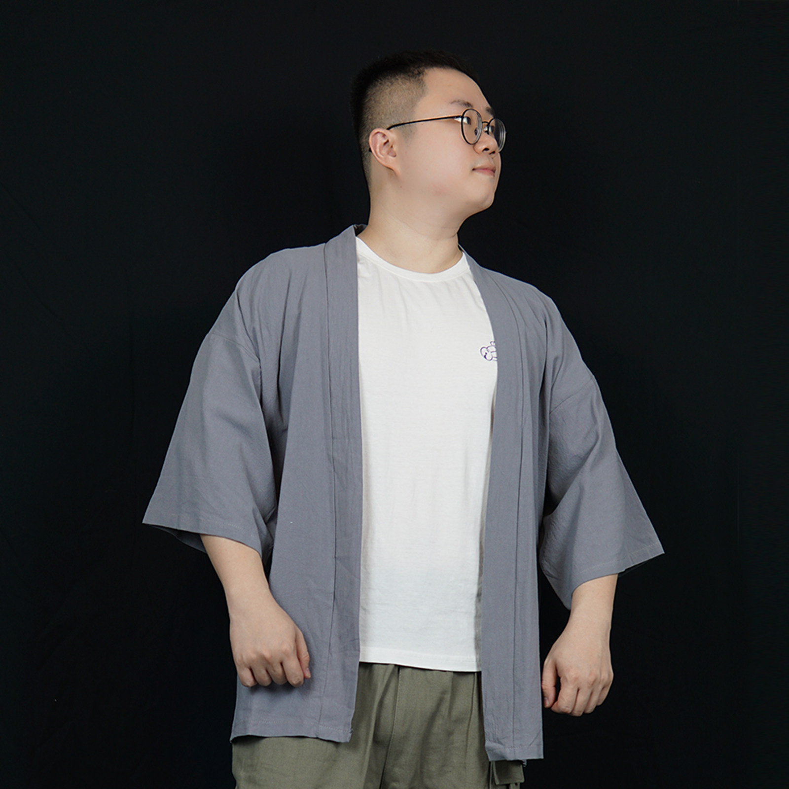 速食 纯色中国风棉麻开衫袍披风和服日系七分袖风衣男大码宽松