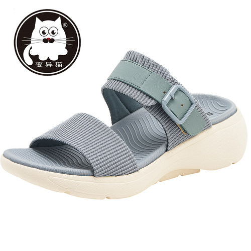 变异猫厚底布面EVA露趾凉鞋