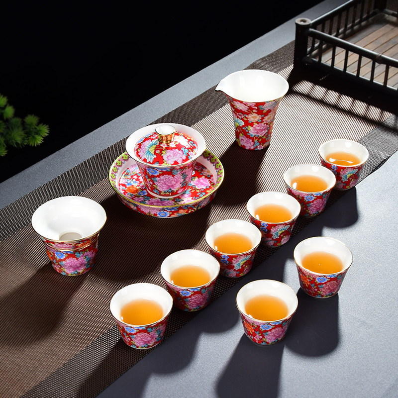 陶瓷扒花茶具套装红底金边茶杯盖碗整套礼盒商务礼品家品牌用上档