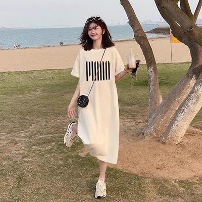美式纯棉短袖t恤裙女夏季设计感小众宽松大码休闲长款过膝连衣裙