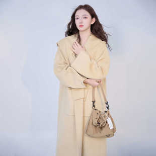 定制文艺风大帽子浅黄鹅黄色宽松慵懒显白加长加厚羊绒大衣